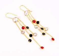 Brass 22k Gold Plated Chain Dangle Earrings with Colorful CZ Stones